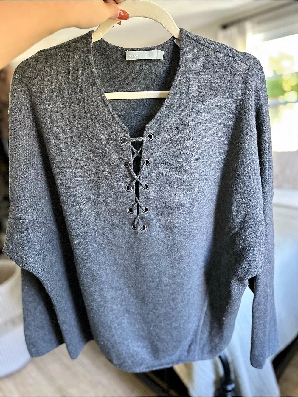 Vince Lace-Up V-Neck Wool Cashmere Sweater Gray size Large